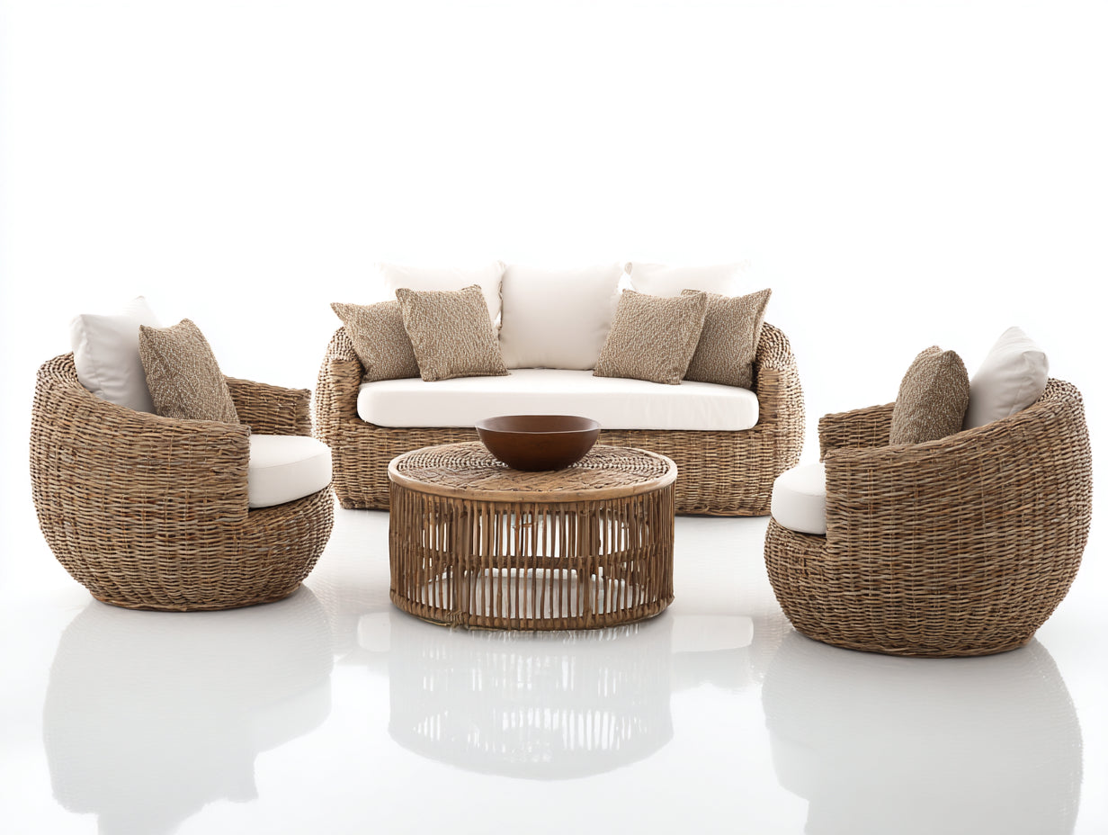 Sofás de exterior de ratán sintético 280x90x75 cm marrón y beige conjunto moderno para jardín