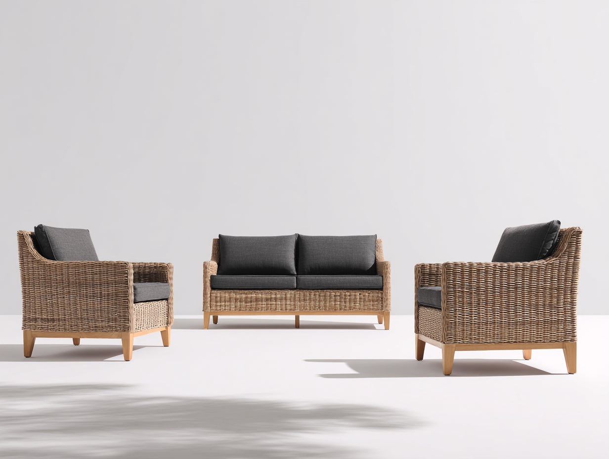 Sofás de exterior de ratán 155 x 78 x 82 cm - Marrón natural y gris oscuro - Conjunto de 3 piezas con sofá y sillones