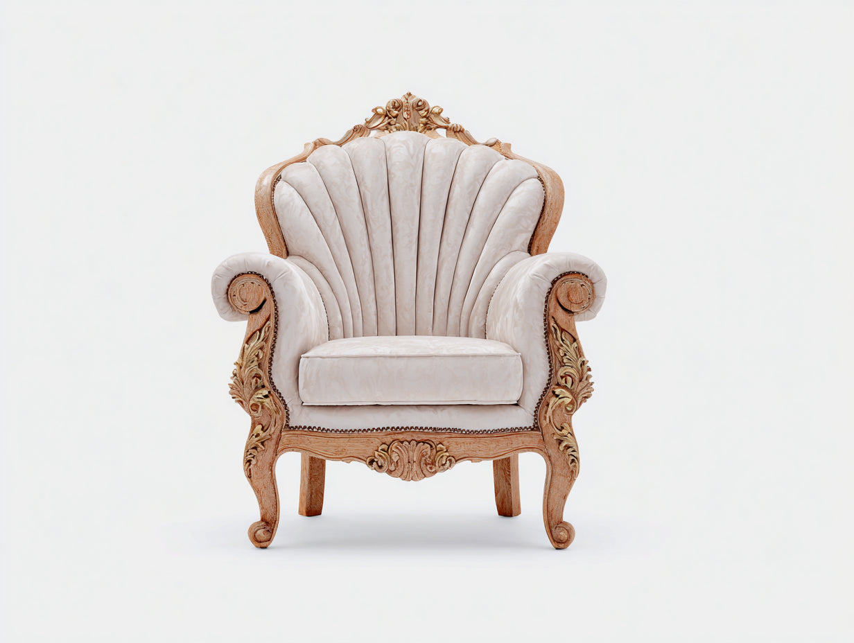 Sillones de tela 95x88x118 cm - Blanco marfil y madera natural - Diseño barroco con respaldo acanalado