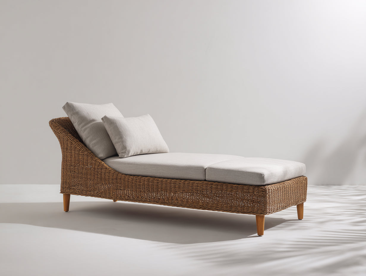 Tumbonas de ratán 200 x 75 x 82 cm - Marrón natural y beige claro - Diseño curvo con respaldo inclinado
