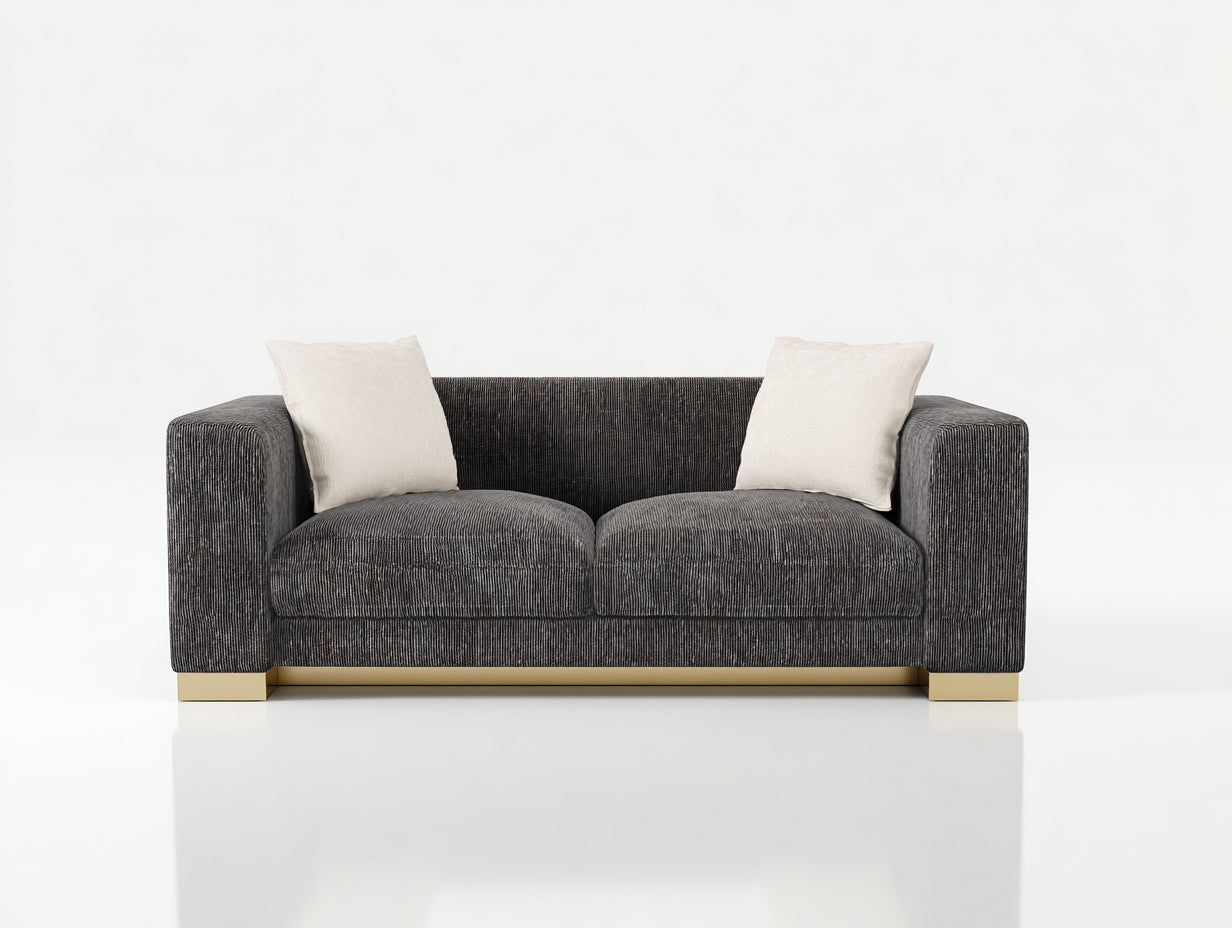 Sofás lineales de pana 215x95x78 cm - Gris oscuro y dorado - Diseño contemporáneo de 2 plazas