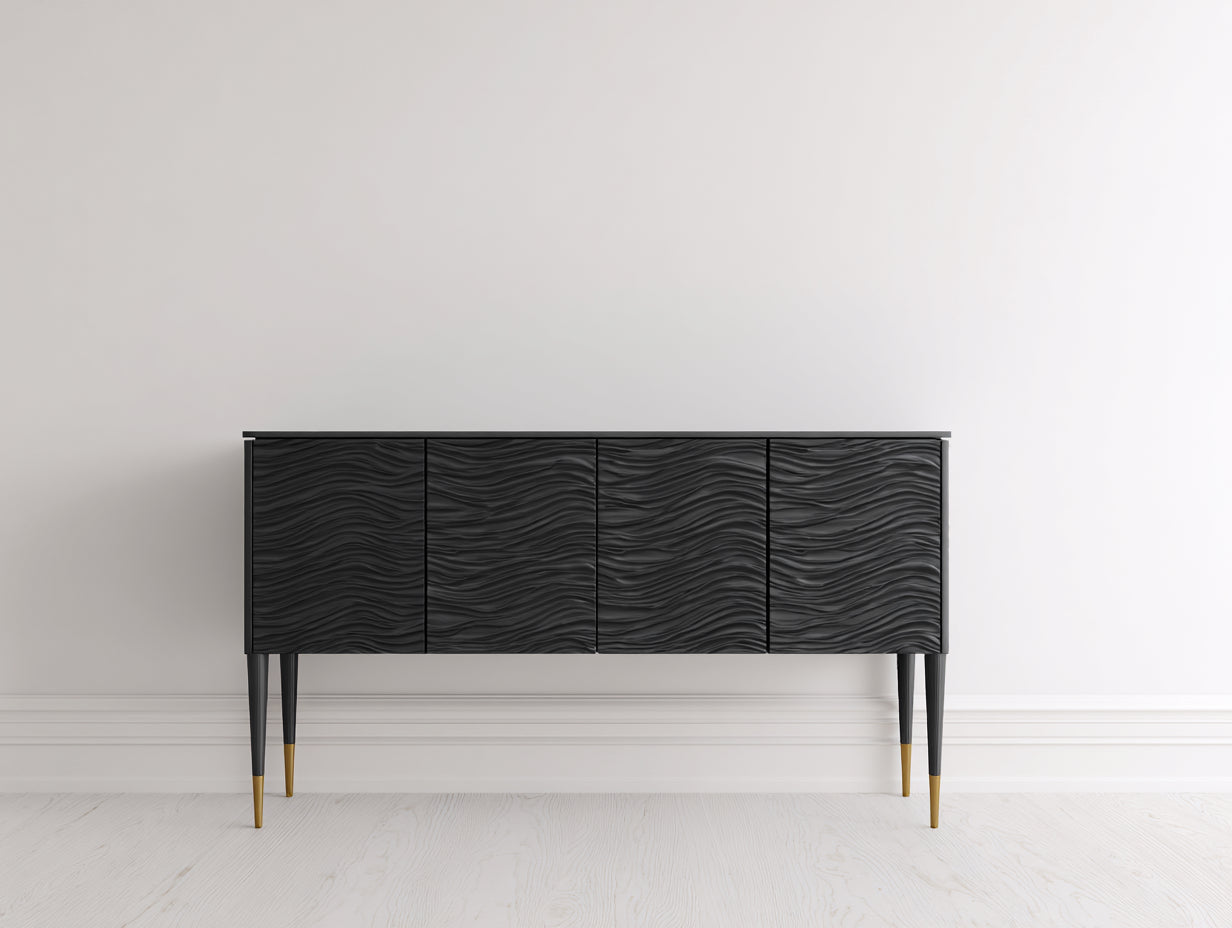 Mueble recibidor de madera 160 x 40 x 82 cm - Negro y dorado - Diseño moderno con 4 puertas y frentes ondulados