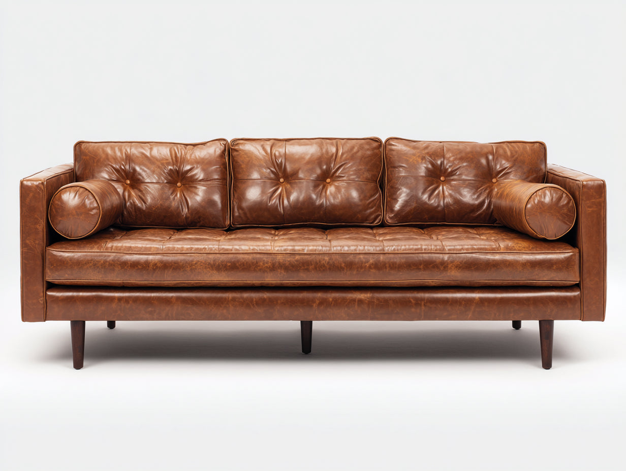Sofá lineal marrón 240 x 95 x 85 cm con tapizado efecto cuero y cojines capitoné - sofá moderno para salón