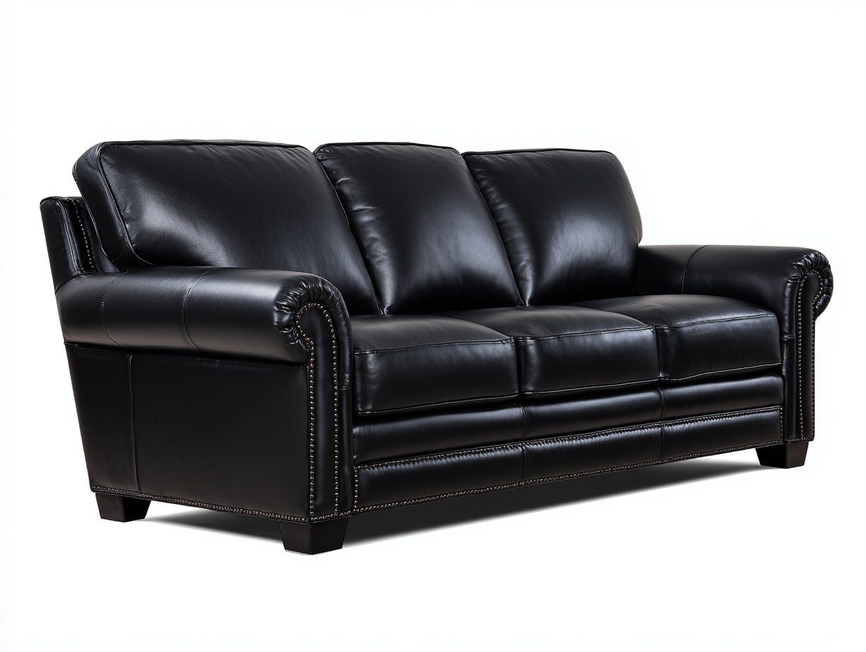 Sofá lineal negro 230 x 90 x 85 cm de cuero sintético con reposabrazos acolchados y diseño clásico - sofá moderno para salón