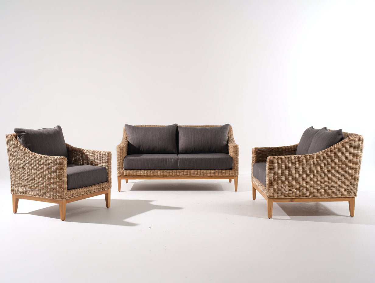 Sofás de exterior de ratán 145x80x82 cm - Natural y gris oscuro - Conjunto contemporáneo de 3 piezas