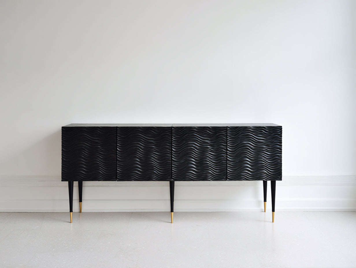 Mueble recibidor de madera 180x42x86 cm - Negro - Diseño contemporáneo con 4 puertas y relieve ondulado